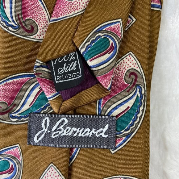 Vintage J. Bernard Tie Necktie 100% Silk Light Brown Eye Paisley Design - Picture 5 of 5